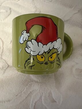 Green Grinch Holiday Ceramic Mug with Red Santa Hat